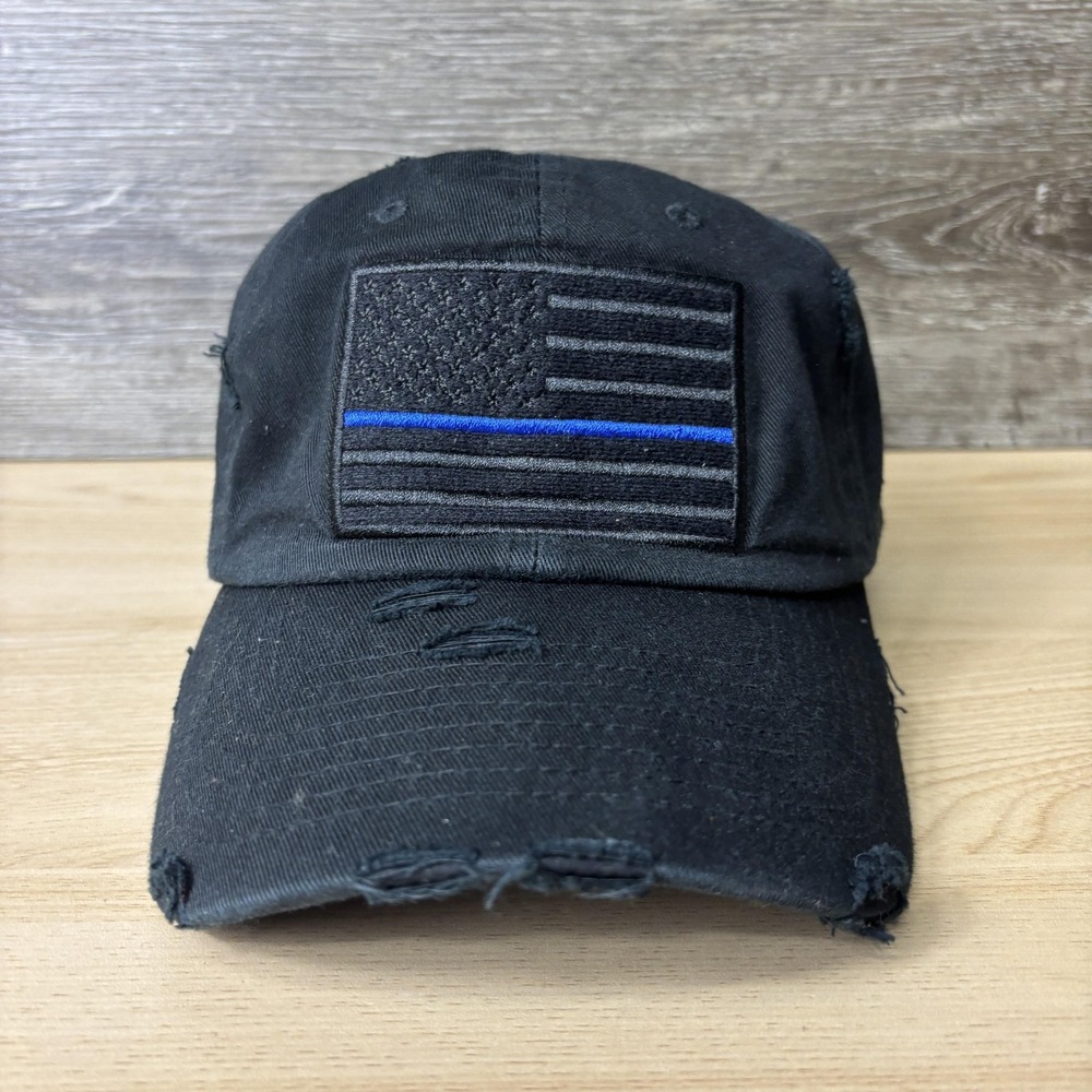 Blue Lives Matter Hat Cap Strap Back Black Distressed Embroidered Patch